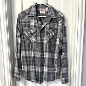 Super Soft Gray and Blue Plaid Flannel Shirt by Wrangler, Size M